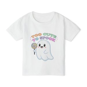 Too Cute to Spook kids Halloween shirt with ghost and candy design