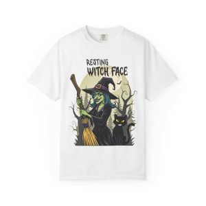 Resting Witch Face T-shirt with witch and black cat design