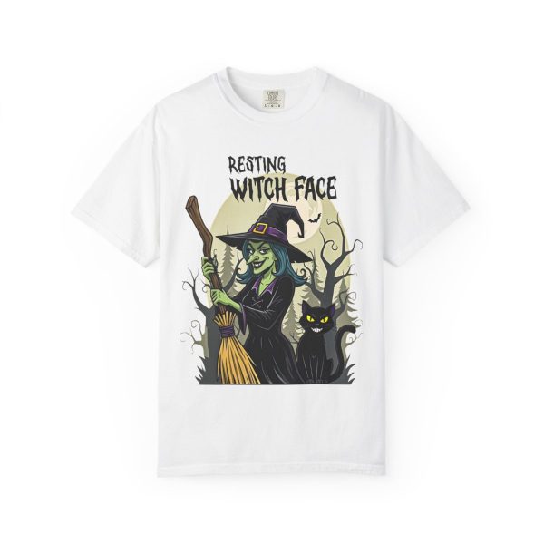Resting Witch Face T-shirt with witch and black cat design