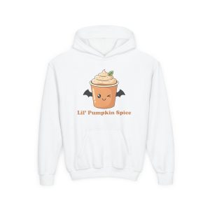 Youth white hoodie featuring a cute winking pumpkin spice latte with bat wings and "Lil' Pumpkin Spice" text. Cozy fall and Halloween apparel for boys and girls.