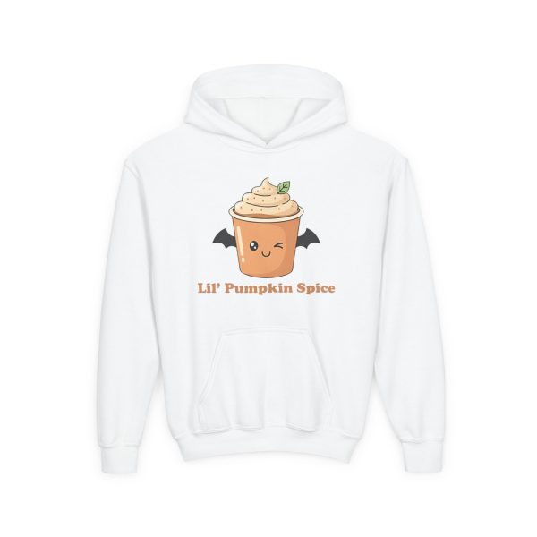 Youth white hoodie featuring a cute winking pumpkin spice latte with bat wings and "Lil' Pumpkin Spice" text. Cozy fall and Halloween apparel for boys and girls.
